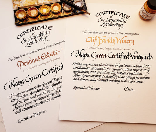 Napa Green Winery / Vineyard Hand Lettered Certificate